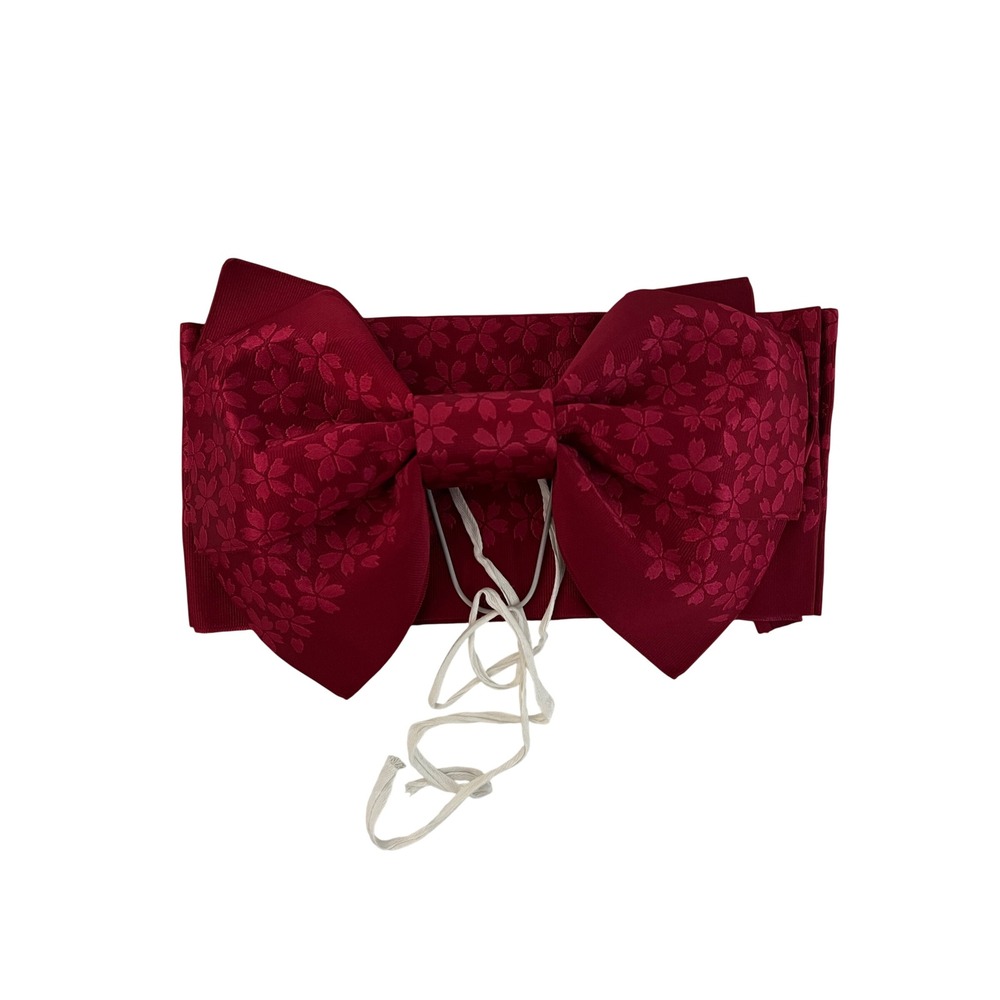 Japanese Tsukuri Obi Pre-Tied Kimono Bow Belt Burgundy Sakura Cherry Blossom